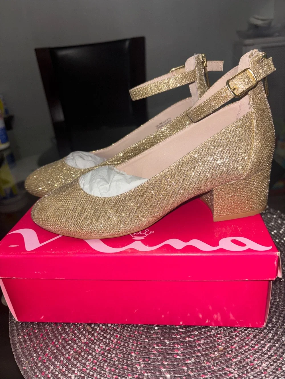 Nina Gold Glitter Ankle-Strap Pumps